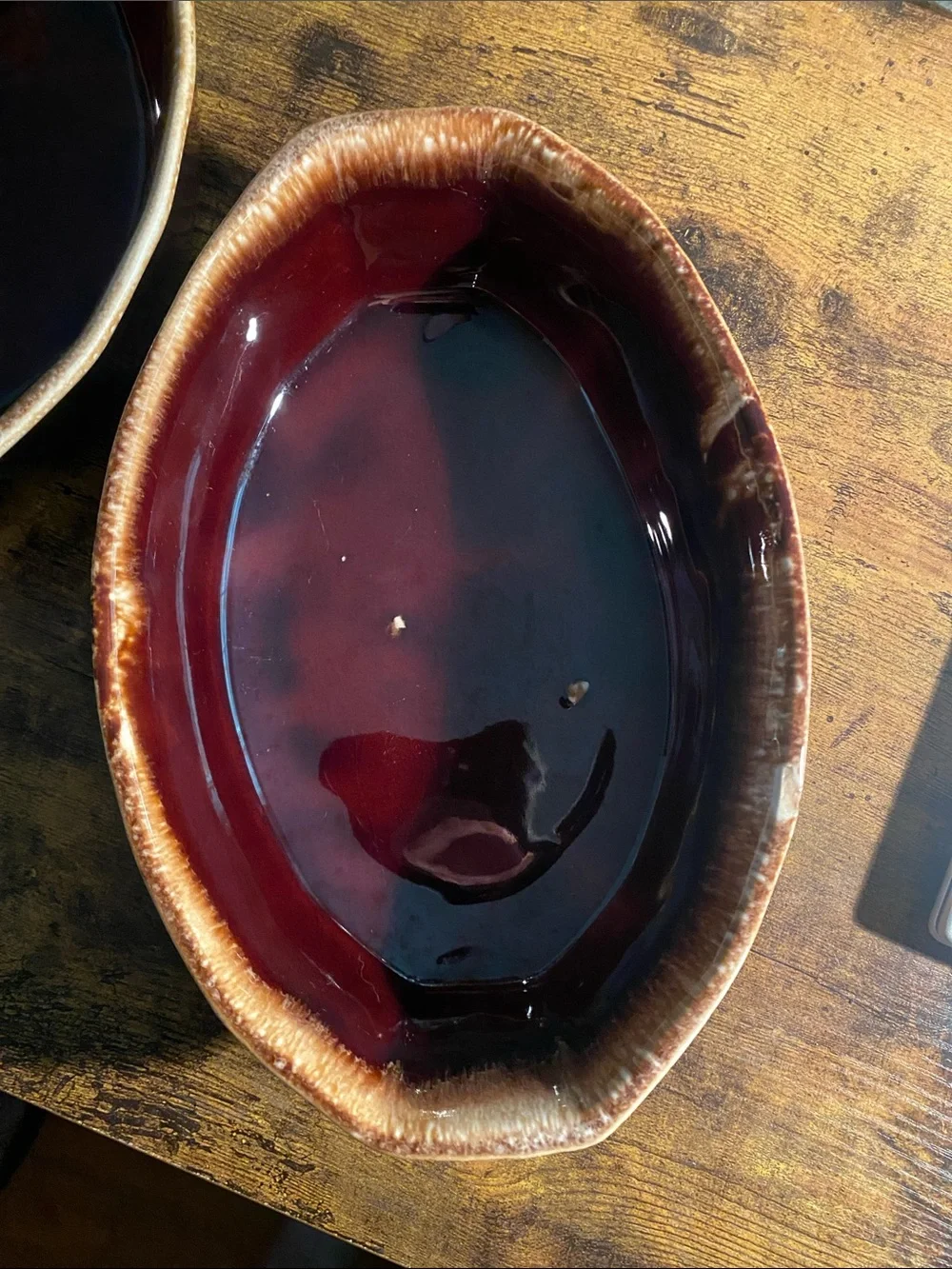 Set of 2 McCoy 7070 USA of proof Ceramic Brown and Deep Red Glazed Bowls